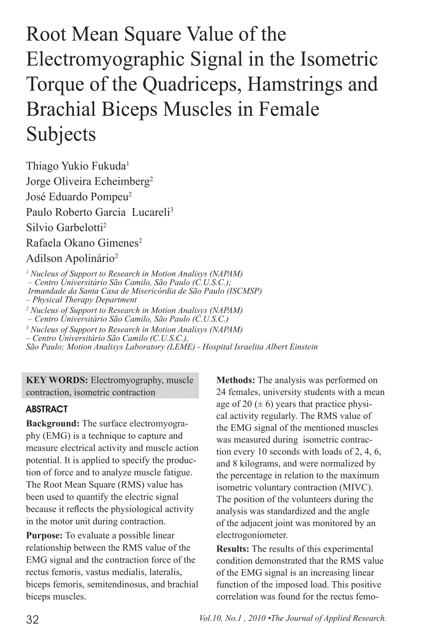 Pdf Root Mean Square Value Of The Electromyographic Signal