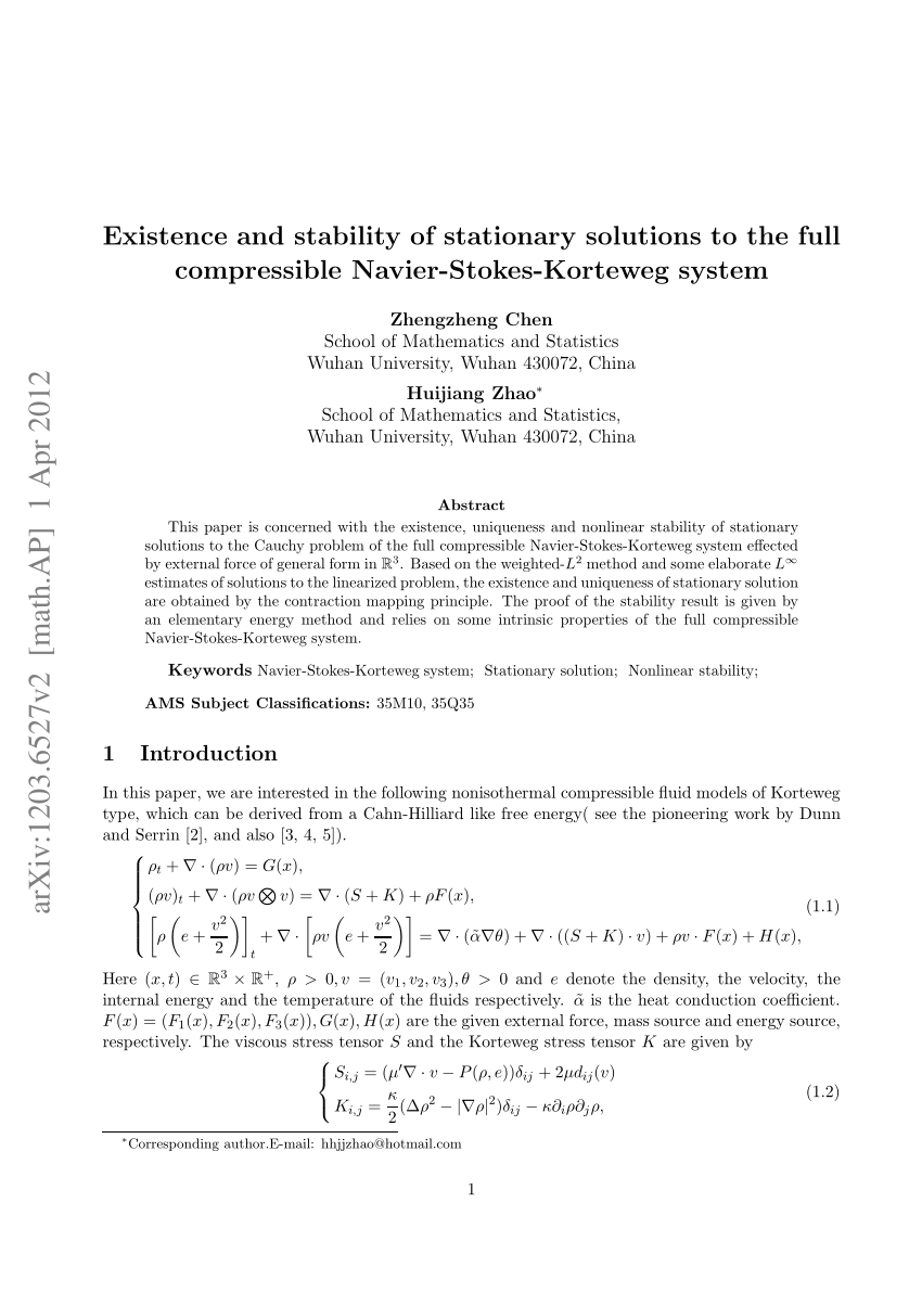 Pdf Existence And Stability Of Stationary Solutions To The Full Compressible Navier Stokes Korteweg System
