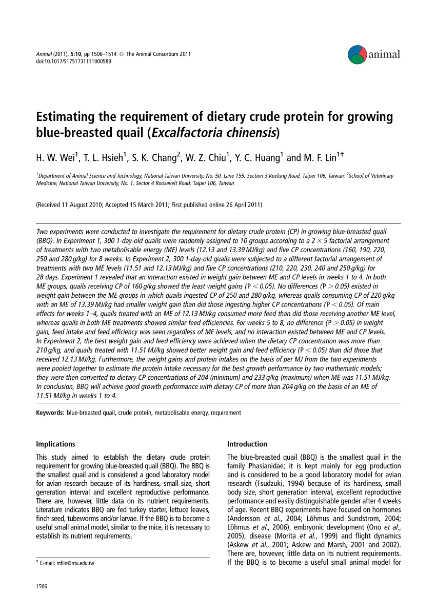 Pdf Estimating The Requirement Of Dietary Crude Protein For Growing Blue Breasted Quail Excalfactoria Chinensis