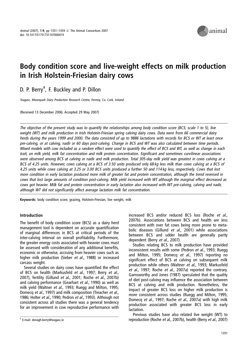 Pdf Body Condition Score And Live Weight Effects On Milk Production In Irish Holstein Friesian 4806