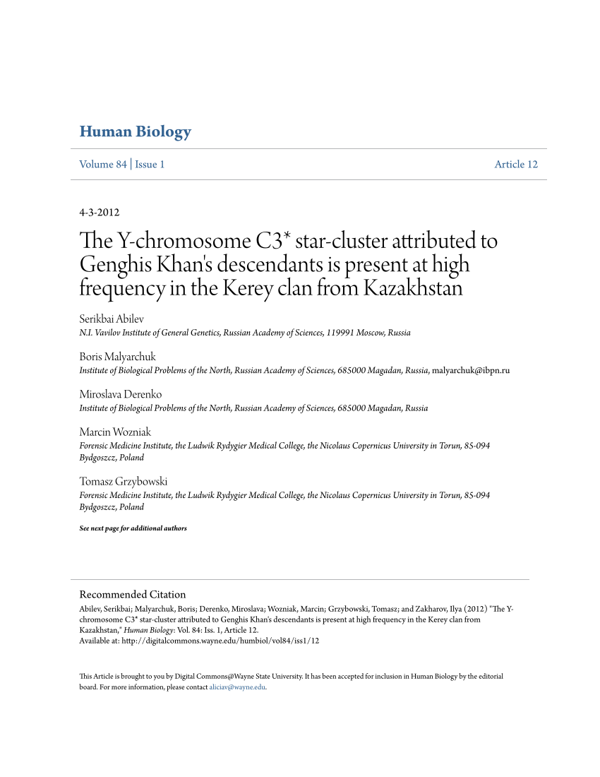 Pdf The Y Chromosome C3 Star Cluster Attributed To Genghis Khan S Descendants Is Present At High Frequency In The Kerey Clan From Kazakhstan