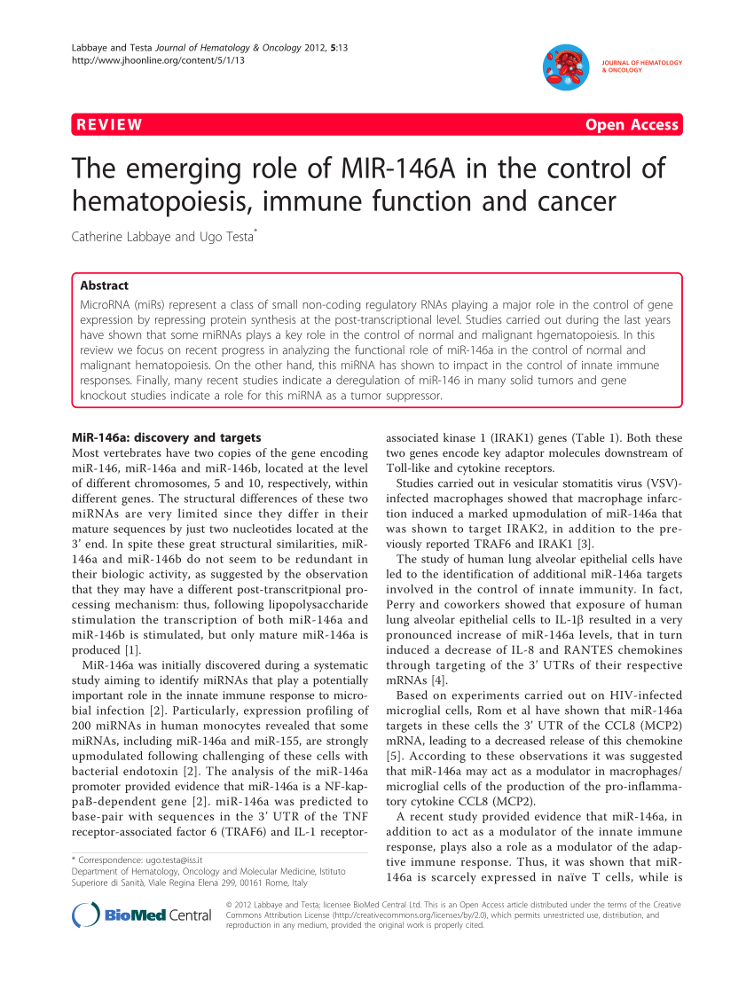 PDF) The emerging role of MIR-146A in control of hematopoiesis, function and cancer