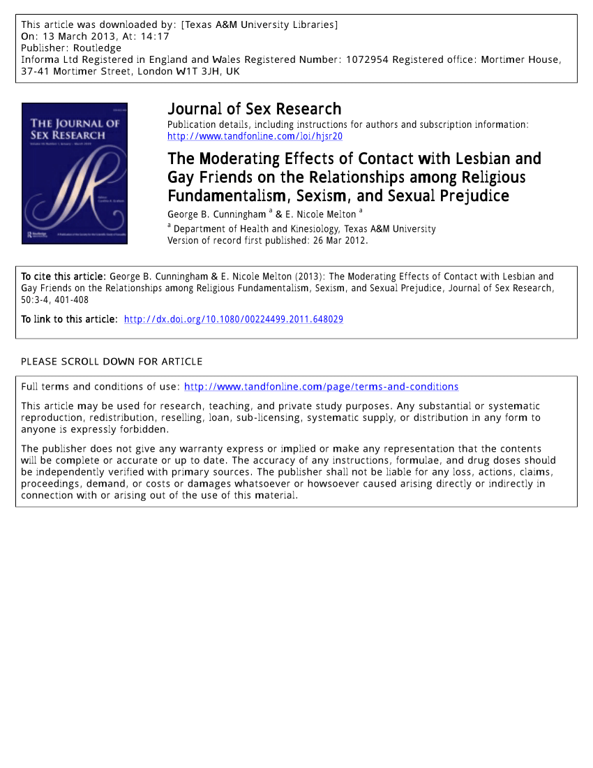 PDF) The Moderating Effects of Contact with Lesbian and Gay Friends on the  Relationships among Religious Fundamentalism, Sexism, and Sexual Prejudice