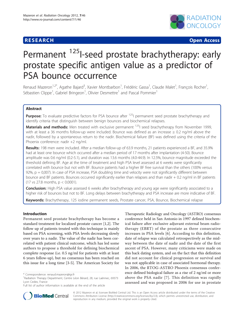 Pdf Permanent 125i Seed Prostate Brachytherapy Early Prostate Specific Antigen Value As A 2936