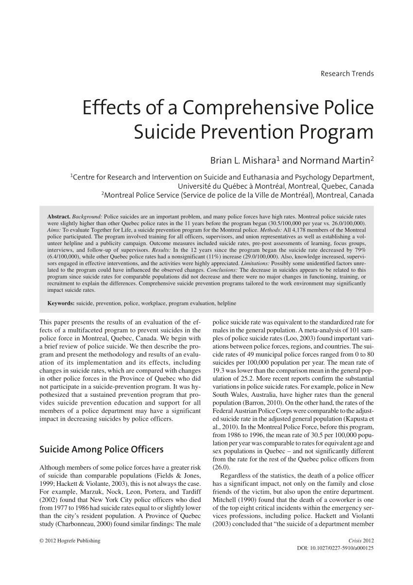 Pdf Effects Of A Comprehensive Police Suicide Prevention Program