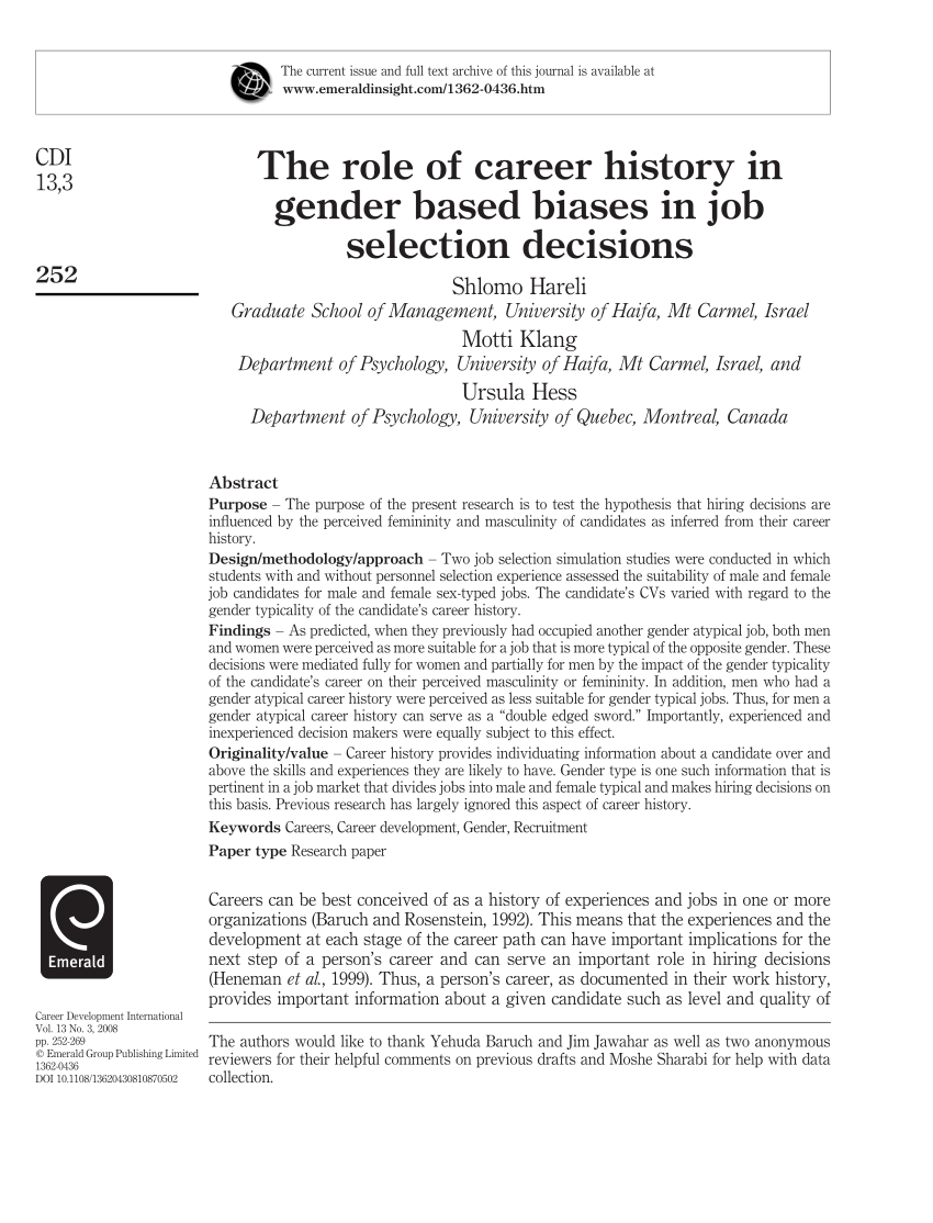 PDF) The role of career history in gender based biases in job selection  decisions