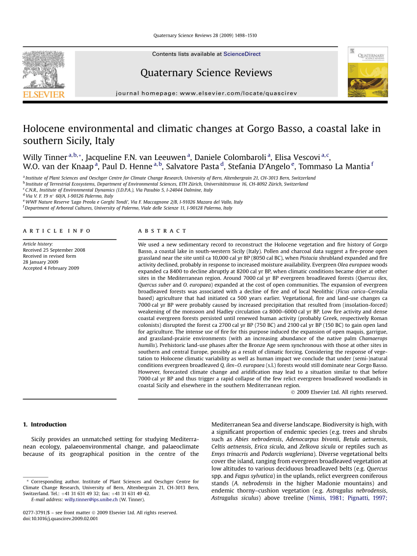 Pdf Holocene Environmental And Climatic Changes At Gorgo Basso A Coastal Lake In Southern Sicily Italy