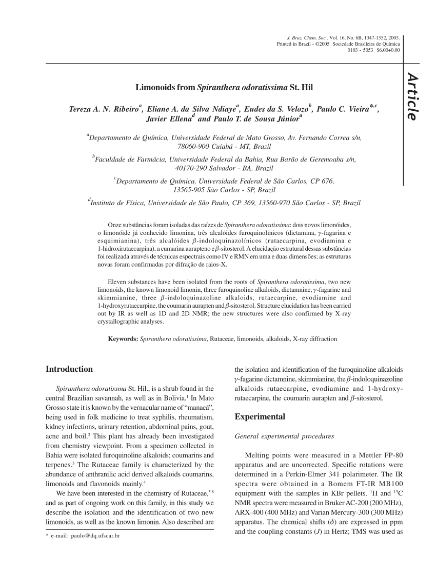 Pdf Limonoids From Spiranthera Odoratissima St Hil