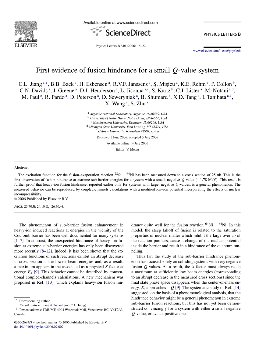 Pdf First Evidence Of Fusion Hindrance For A Small Q Value System