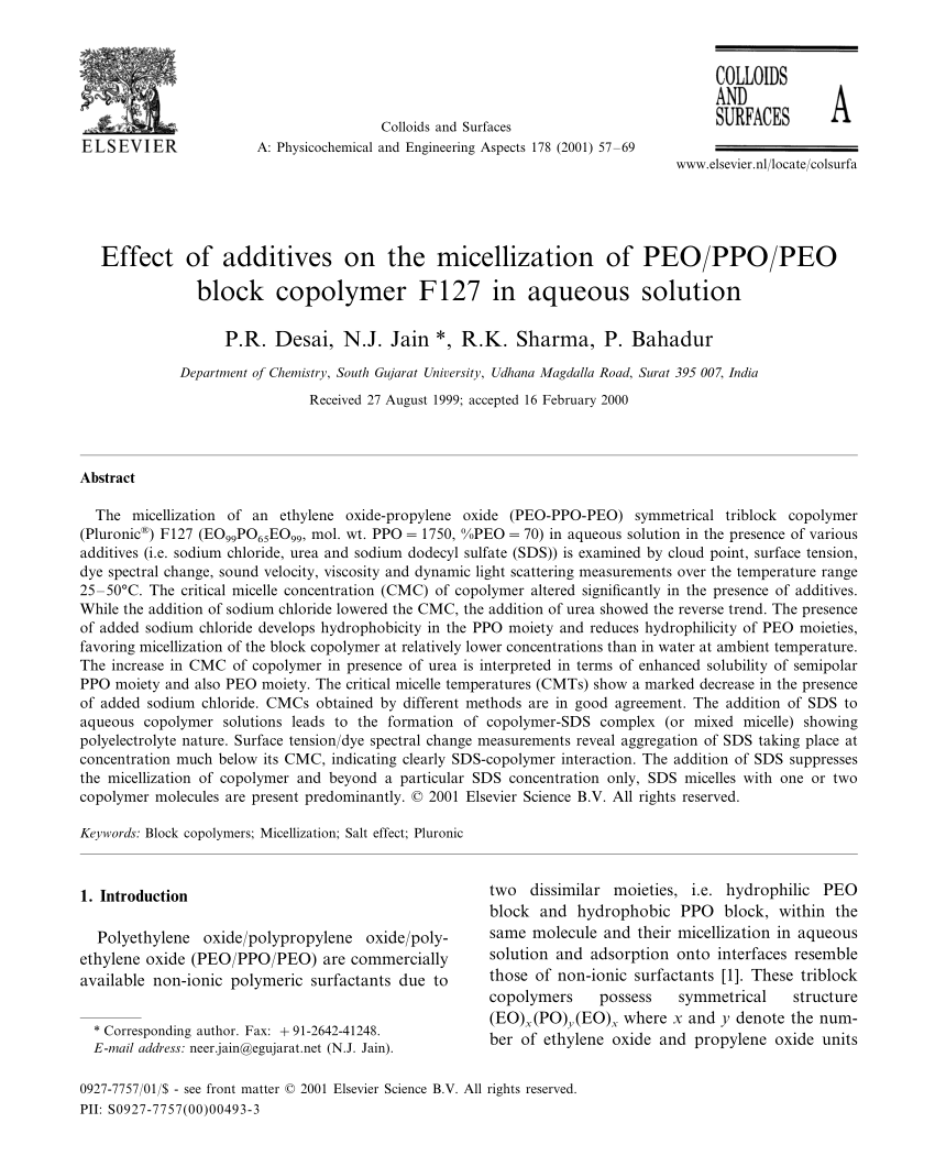 Pdf Effect Of Additives On The Micellization Of Peo Ppo Peo Block Copolymer F127 In Aqueous Solution
