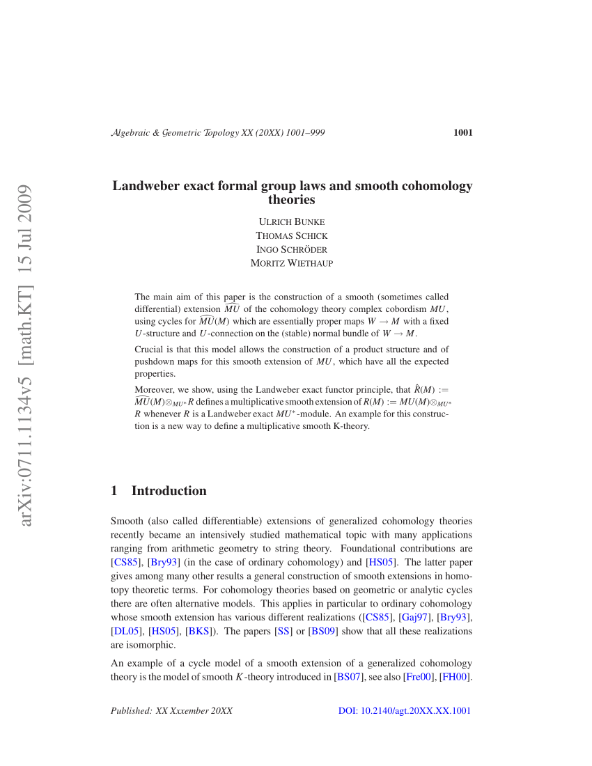 Pdf Landweber Exact Formal Group Laws And Smooth Cohomology Theories