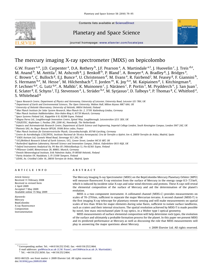 Pdf The Mercury Imaging X Ray Spectrometer Mixs On Bepicolombo