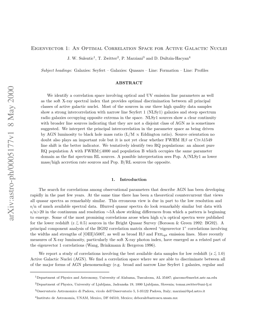 Pdf Eigenvector 1 An Optimal Correlation Space For Active Galactic Nuclei