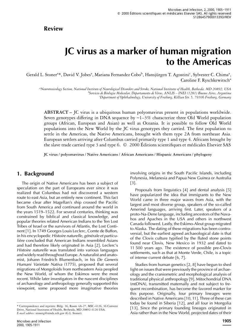 Pdf Jc Virus As Marker Of Human Migration To The Americas