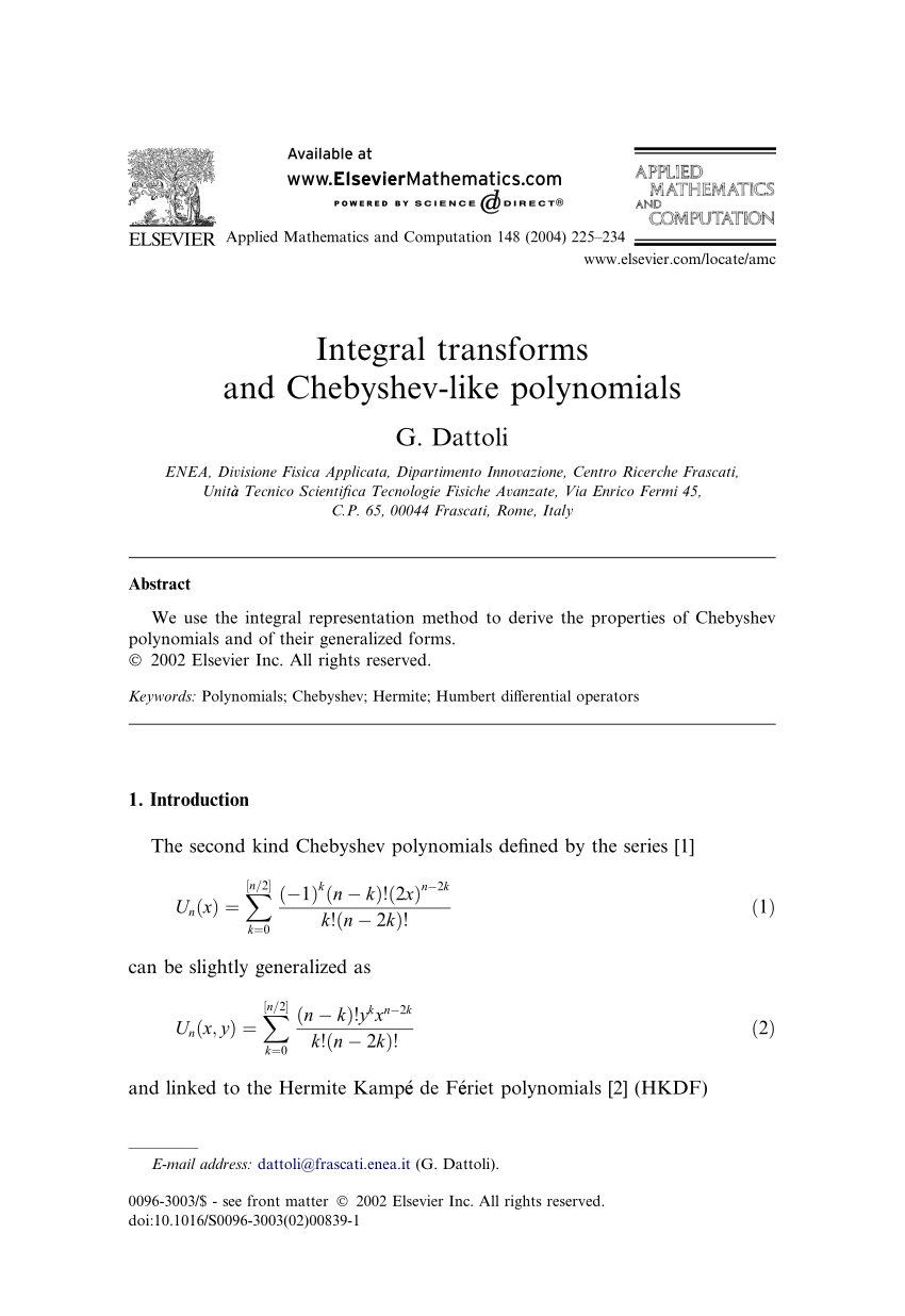 Pdf Integral Transforms And Chebyshev Like Polynomials