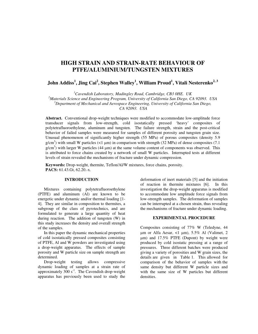 Pdf High Strain And Strain Rate Behaviour Of Ptfealuminiumtungsten Mixtures