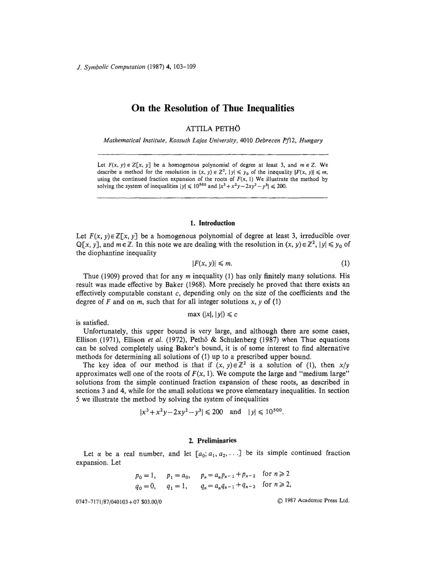 Pdf On The Resolution Of Thue Inequalities