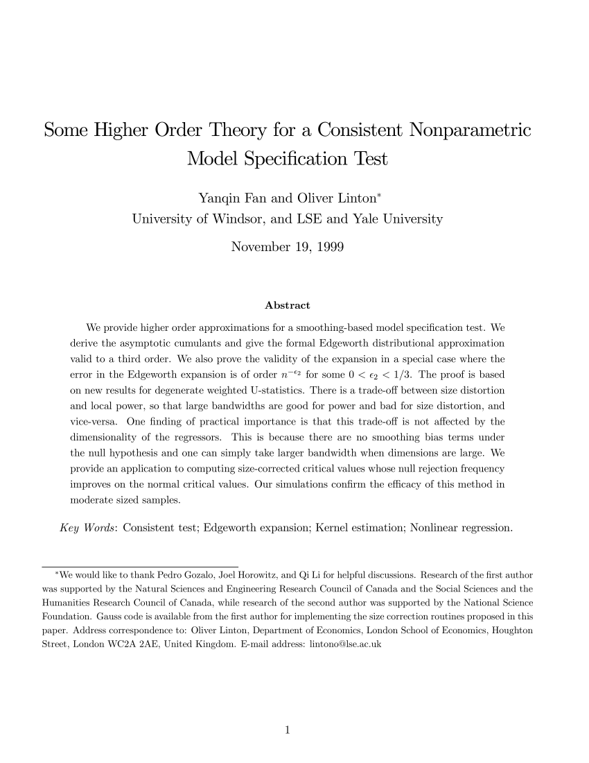 Pdf Some Higher Order Theory For A Consistent Non Parametric Model Specification Test