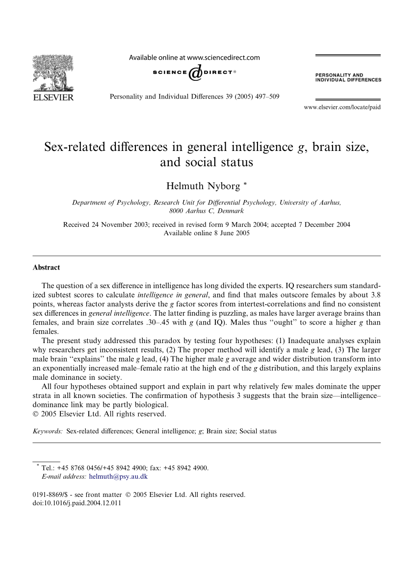 PDF) Sex-related differences in intelligence g, brain size, and social status