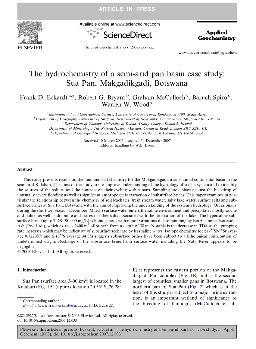 Pdf The Hydrochemistry Of A Semi Arid Pan Basin Case Study Sua
