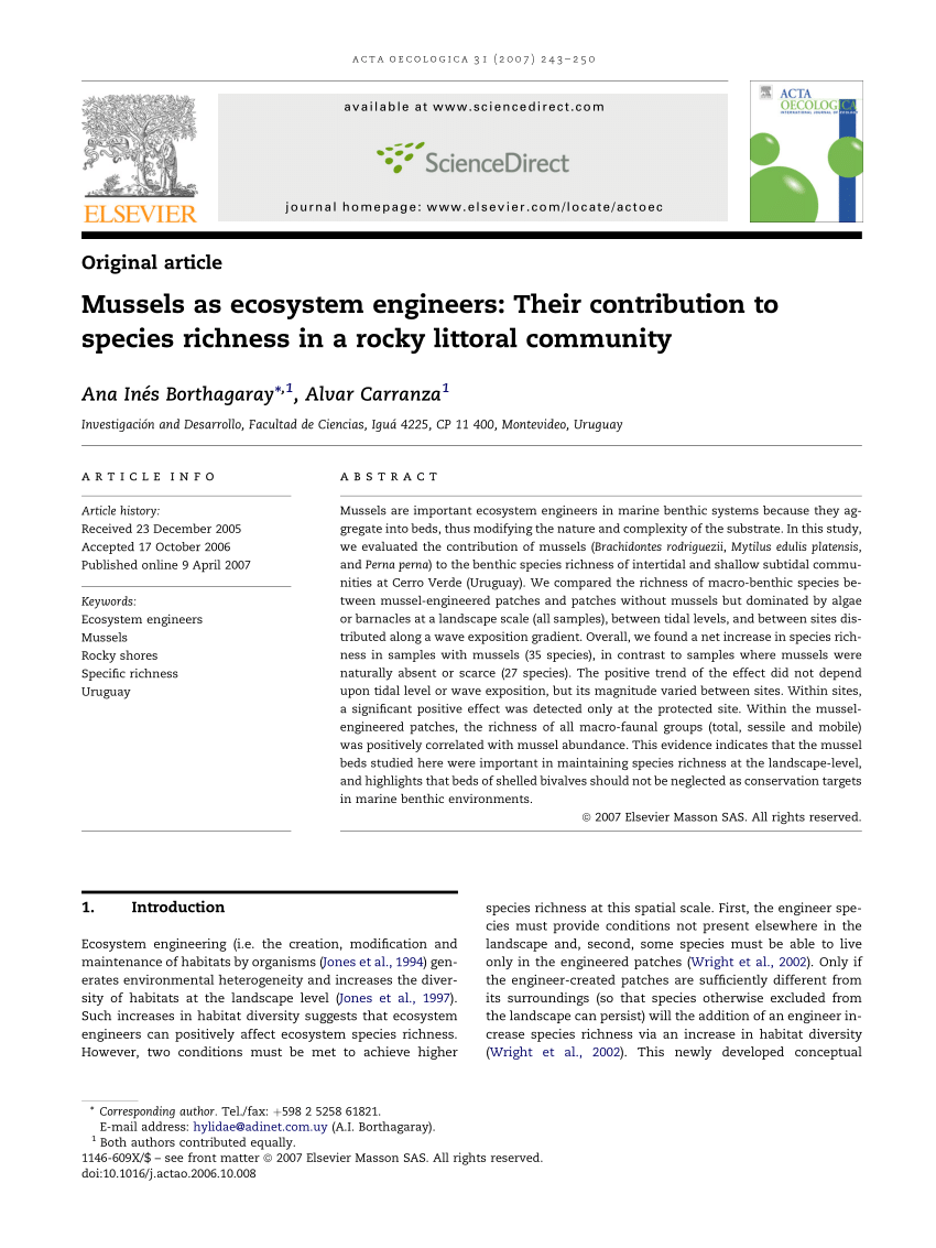 Pdf Mussels As Ecosystem Engineers Their Contribution To Species Richness In A Rocky Littoral Community