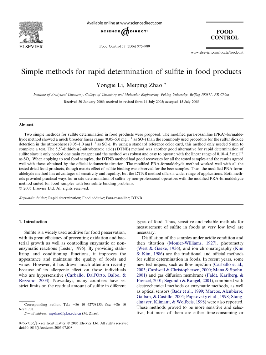 Pdf Simple Methods For Rapid Determination Of Sulfite In Food Products 3699