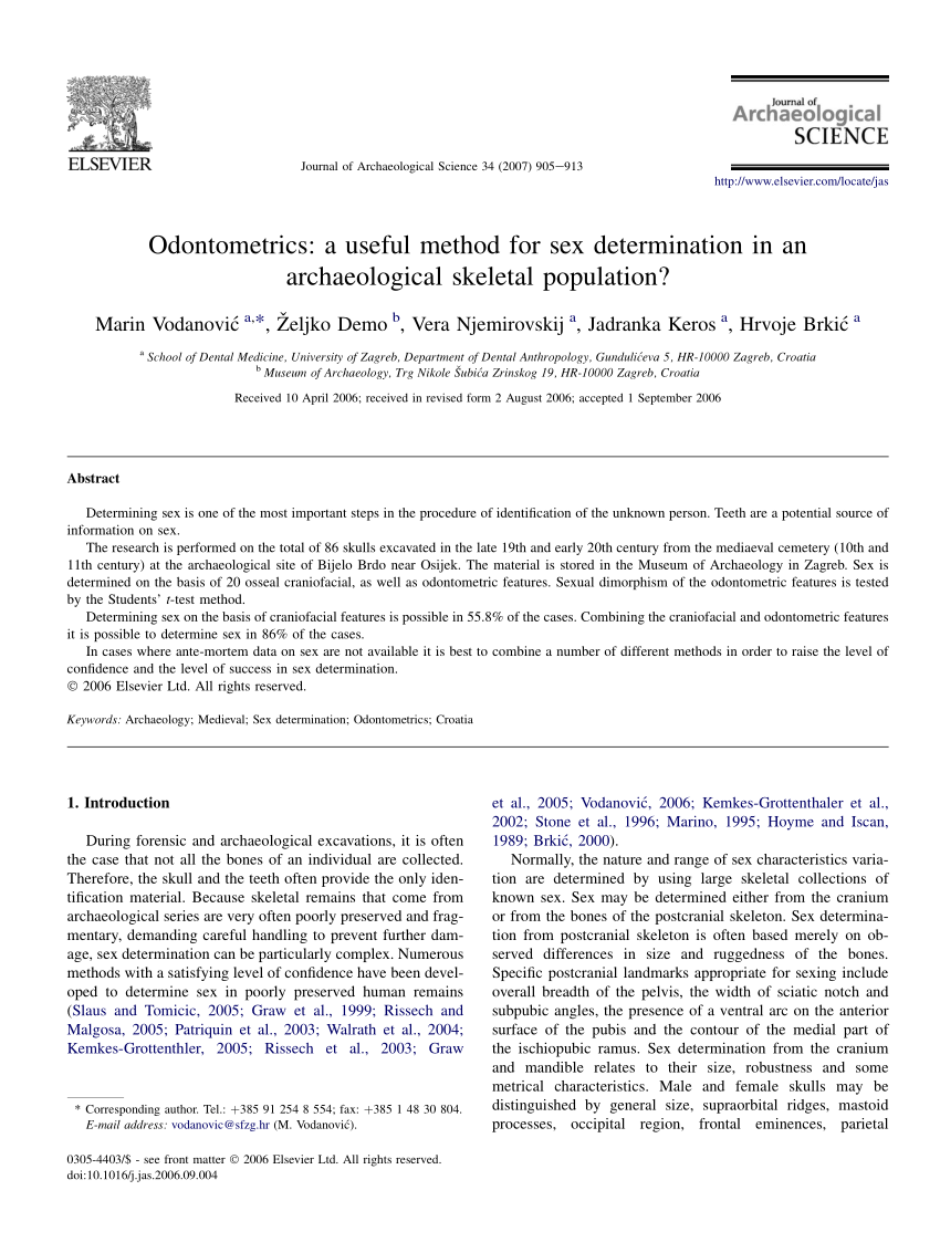 Pdf Odontometrics A Useful Method For Sex Determination In An Archaeological Skeletal Population