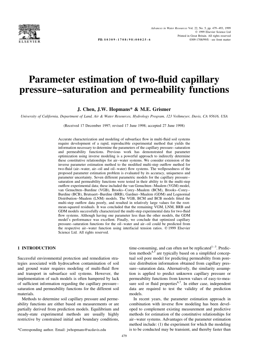 Pdf Parameter Estimation Of Two Fluid Capillary Pressure Saturation And Permeability Functions