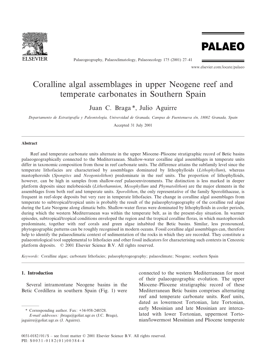 Pdf Braga J C Aguirre J Coralline Algal Assemblages In Upper Neogene Reef And Temperate Carbonates In Southern Spain Palaeogeography Palaeoclimatology Palaeoecology 175 1 4