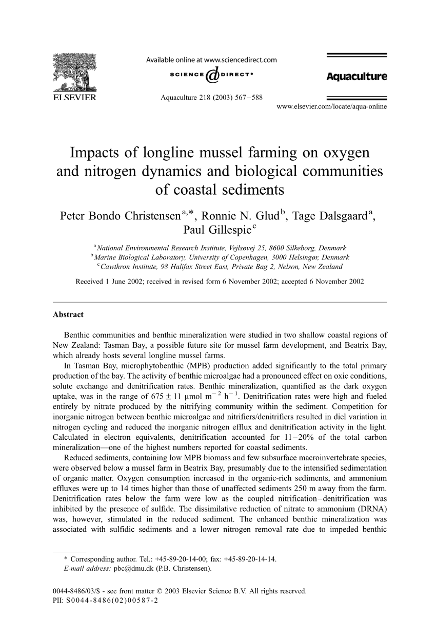 PDF) Impacts of mussel farming on oxygen and nitrogen dynamics and biological communities coastal sediments