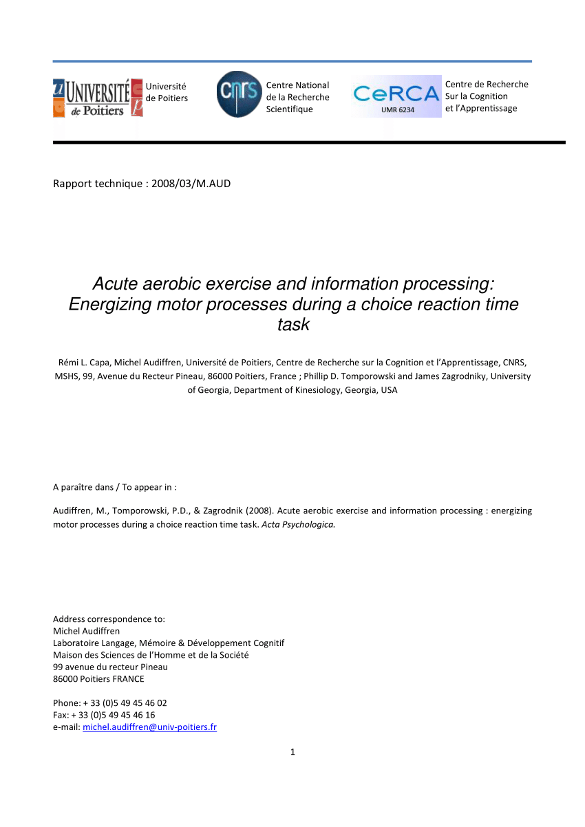 pdf acute aerobic exercise and information processing energizing motor processes during a choice reaction time task