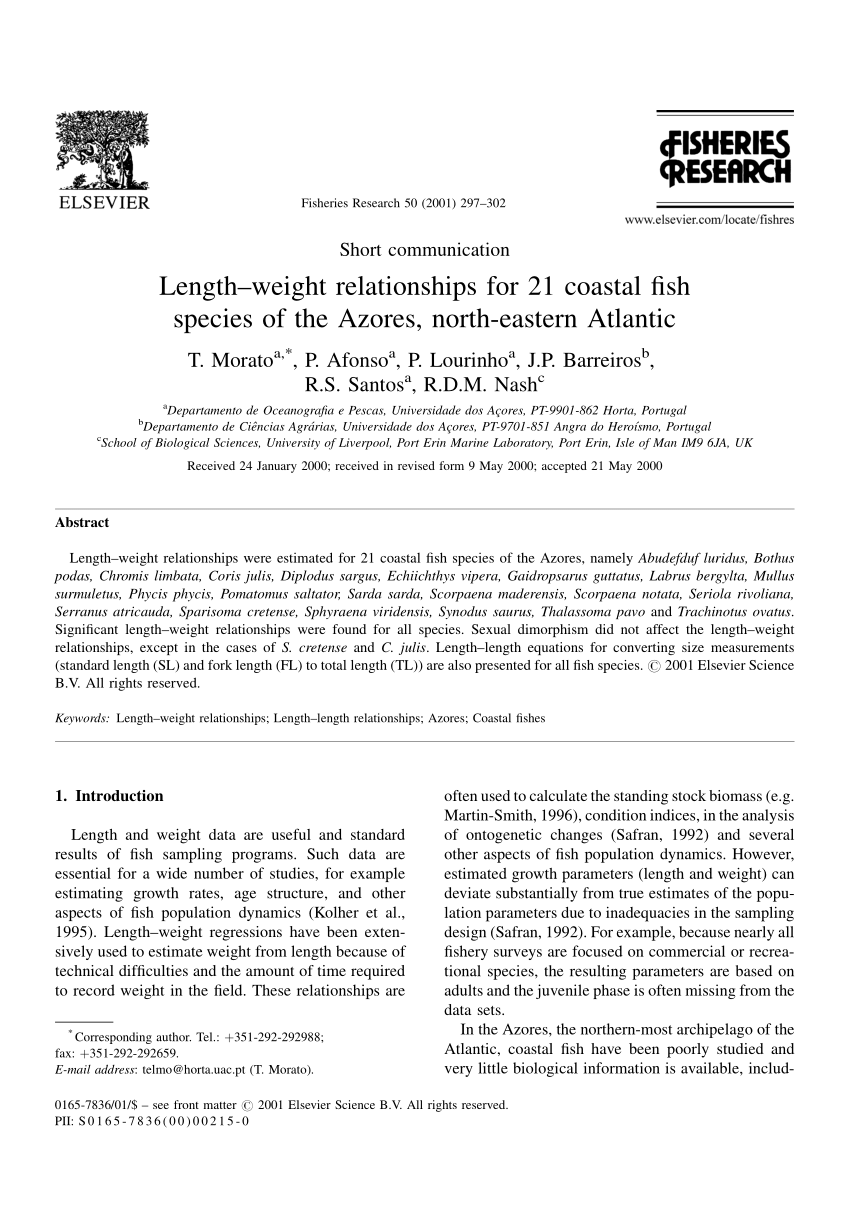 Pdf Length Weight Relationships For 21 Coastal Fish Species Of The Azores North Eastern Atlantic