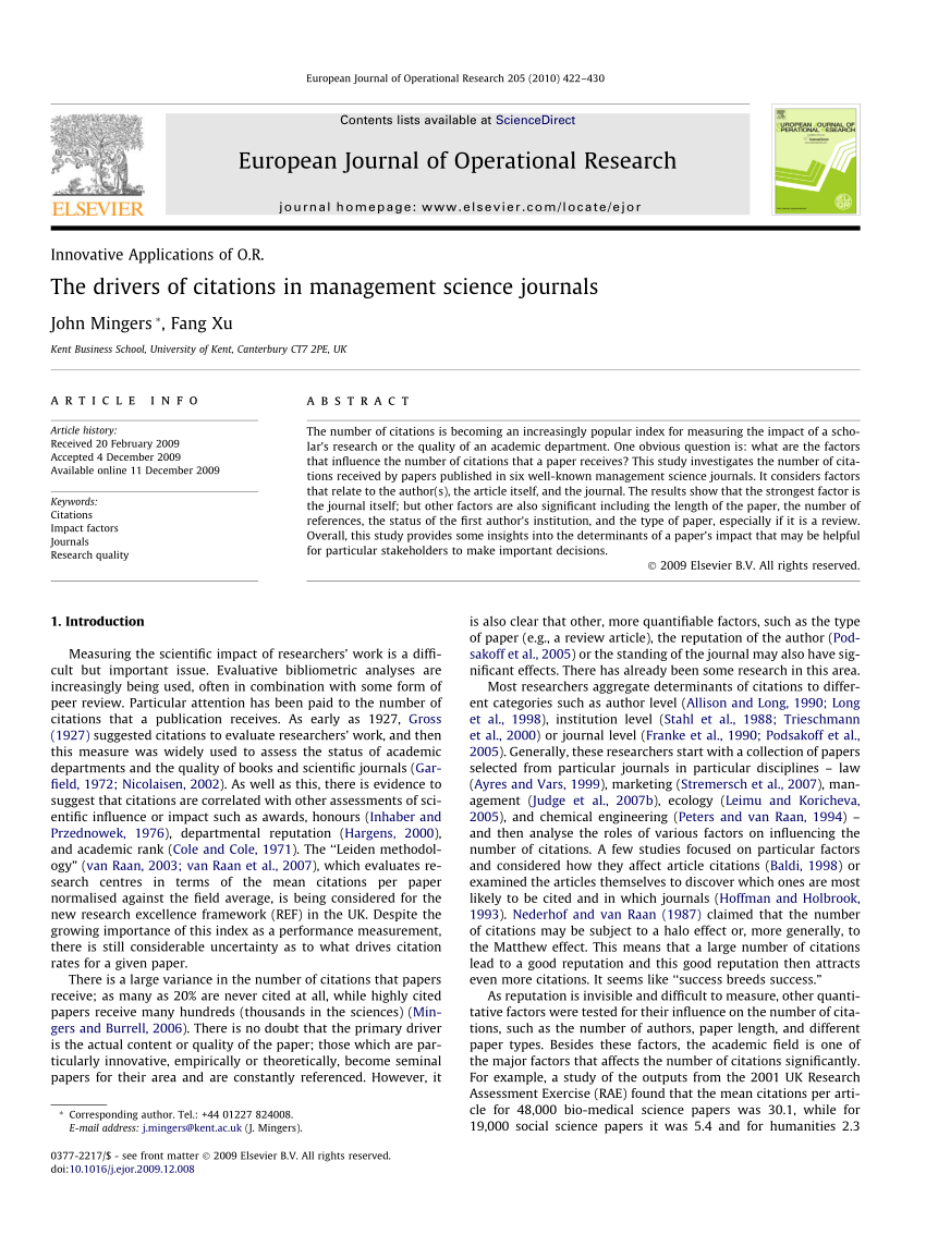 (PDF) The drivers of citations in management science journals