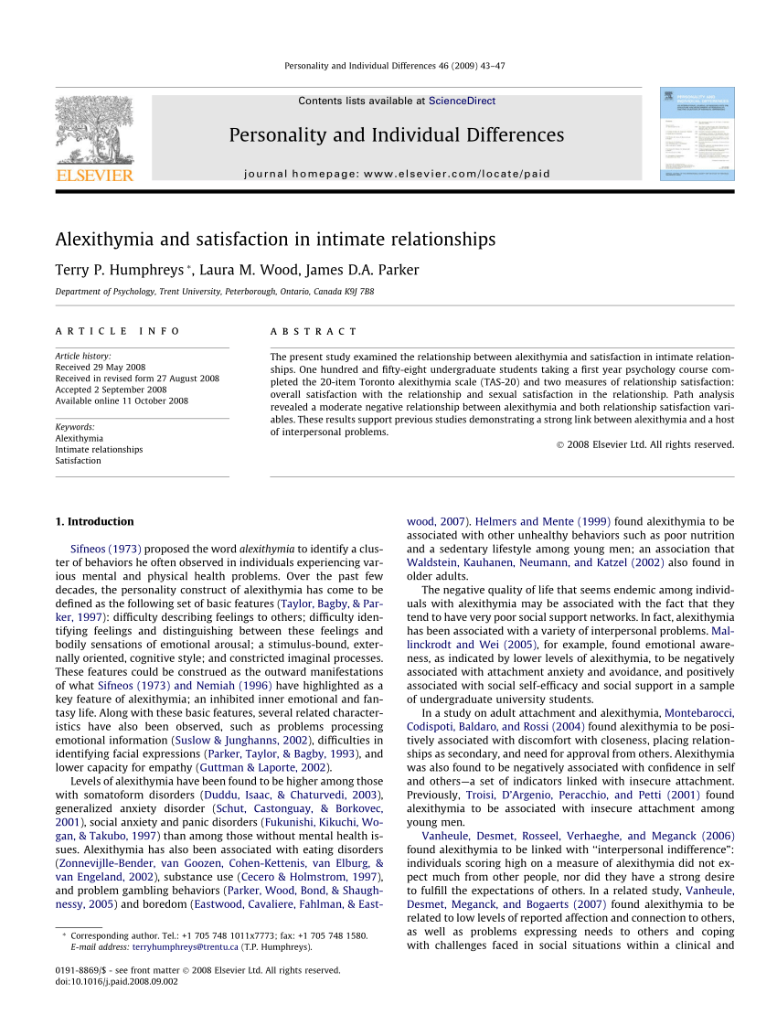 PDF) Alexithymia and satisfaction in intimate relationships