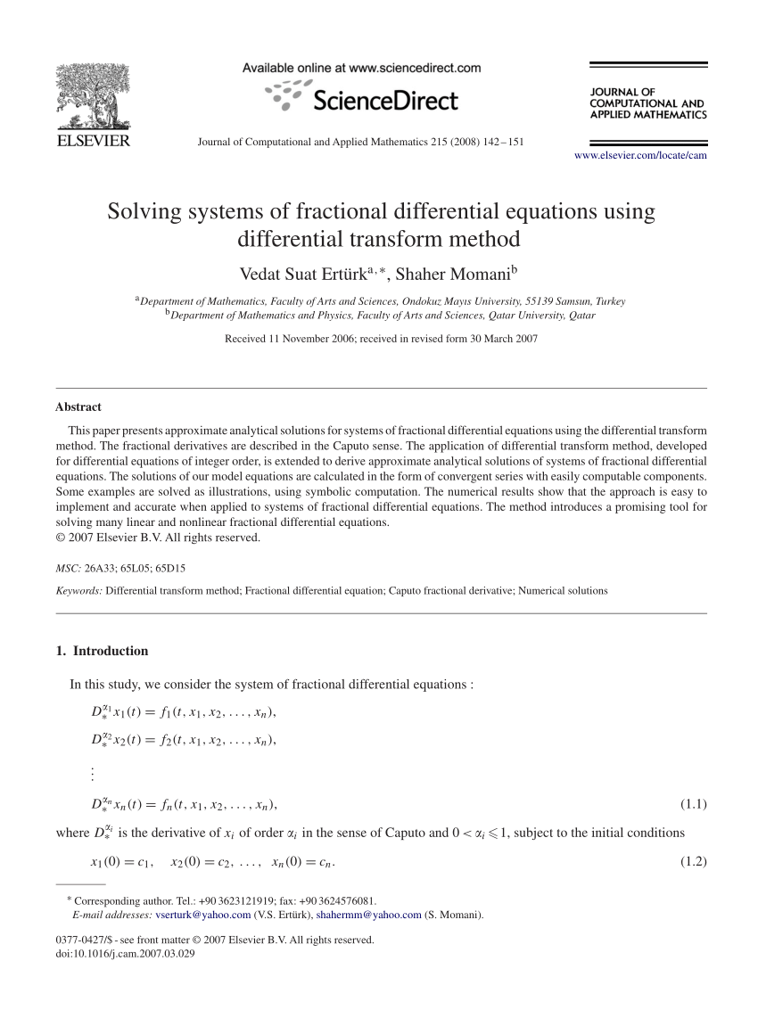 Pdf Solving Systems Of Fractional Differential Equations Using Differential Transform Method
