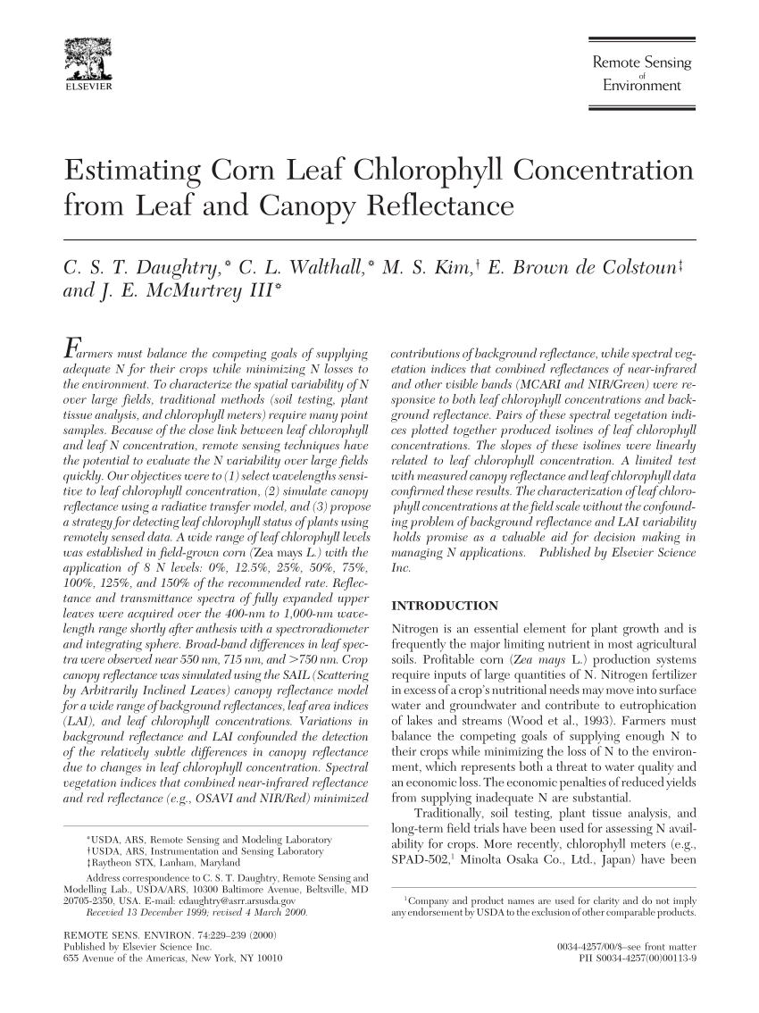 Pdf Estimating Corn Leaf Chlorophyll Concentration From Leaf And Canopy Reflectance