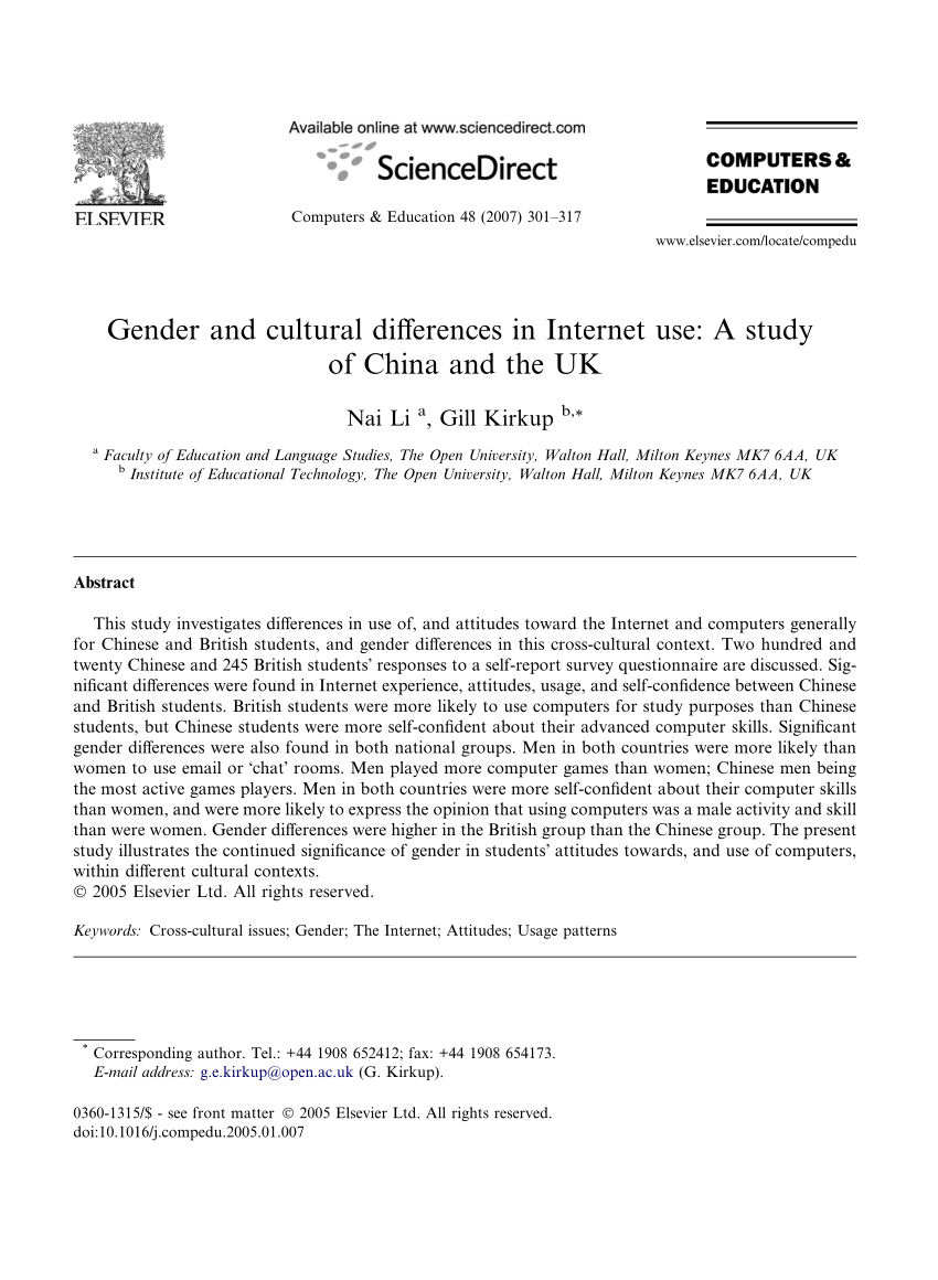 Pdf Gender And Cultural Differences In Internet Use A Study Of China And The Uk