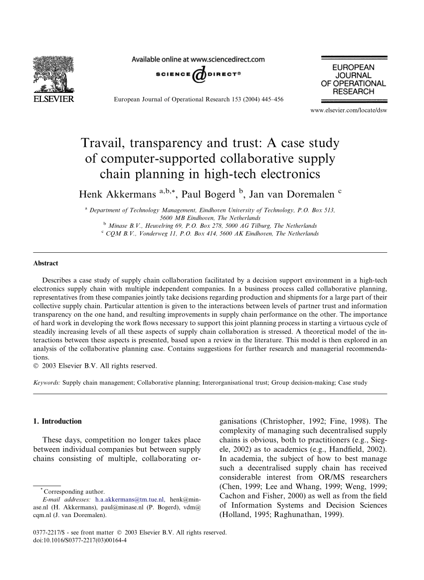 Pdf Travail Transparency And Trust A Case Study Of Computer Supported Collaborative Supply Chain Planning In High Tech Electronics