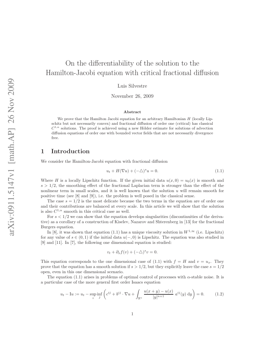 Pdf On The Differentiability Of The Solution To The Hamilton Jacobi Equation With Critical Fractional Diffusion
