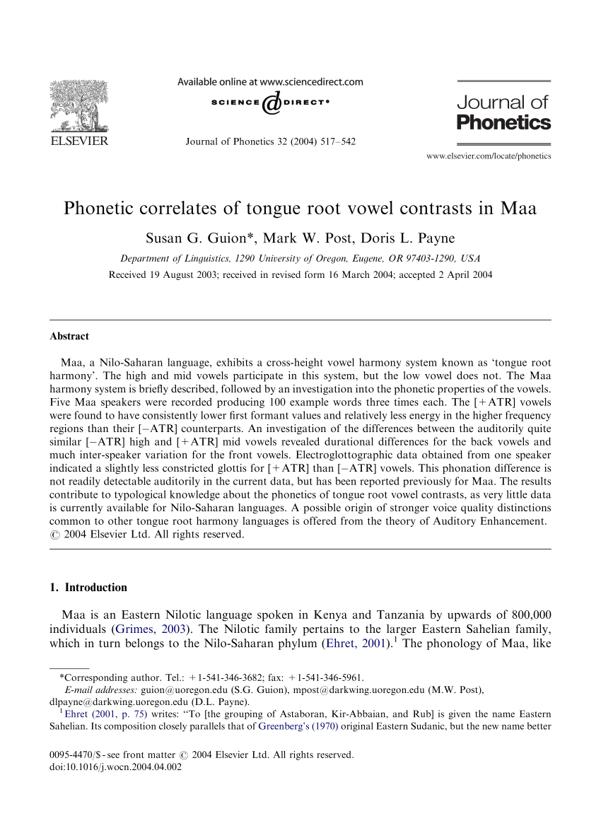 Pdf Phonetic Correlates Of Tongue Root Vowel Contrasts In Maa