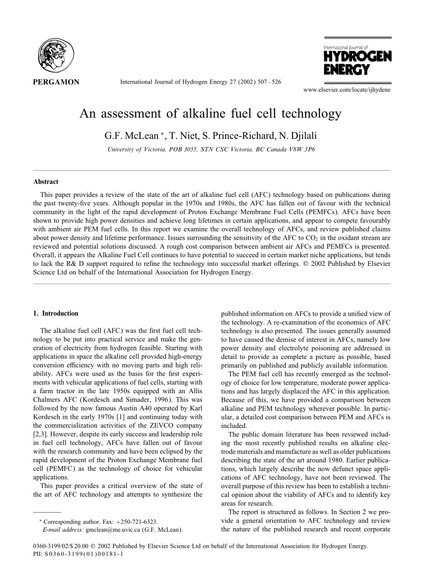 PDF) An assessment of alkaline fuel cell technology