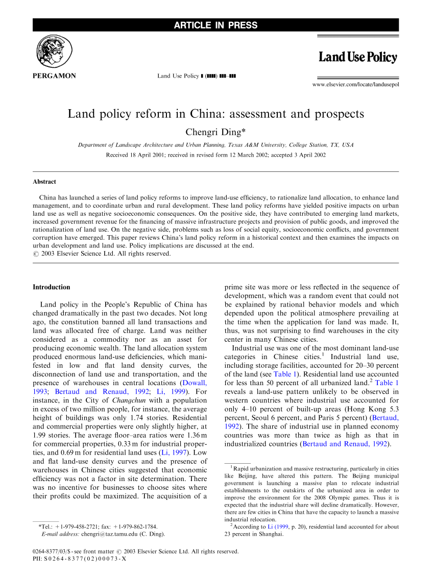 Pdf Land Policy Reform In China Assessment And Prospects