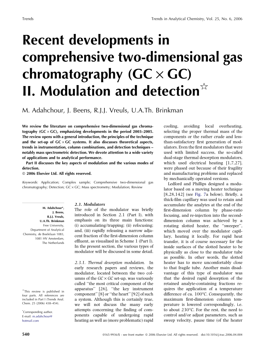 Pdf Recent Developments In Comprehensive Two Dimensional Gas Chromatography Gc X Gc I Introduction And Instrumental Set Up