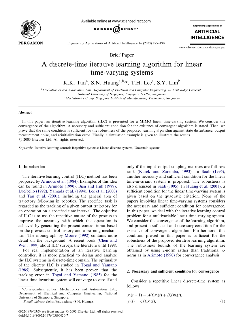 Pdf A Discrete Time Iterative Learning Algorithm For Linear Time Varying Systems