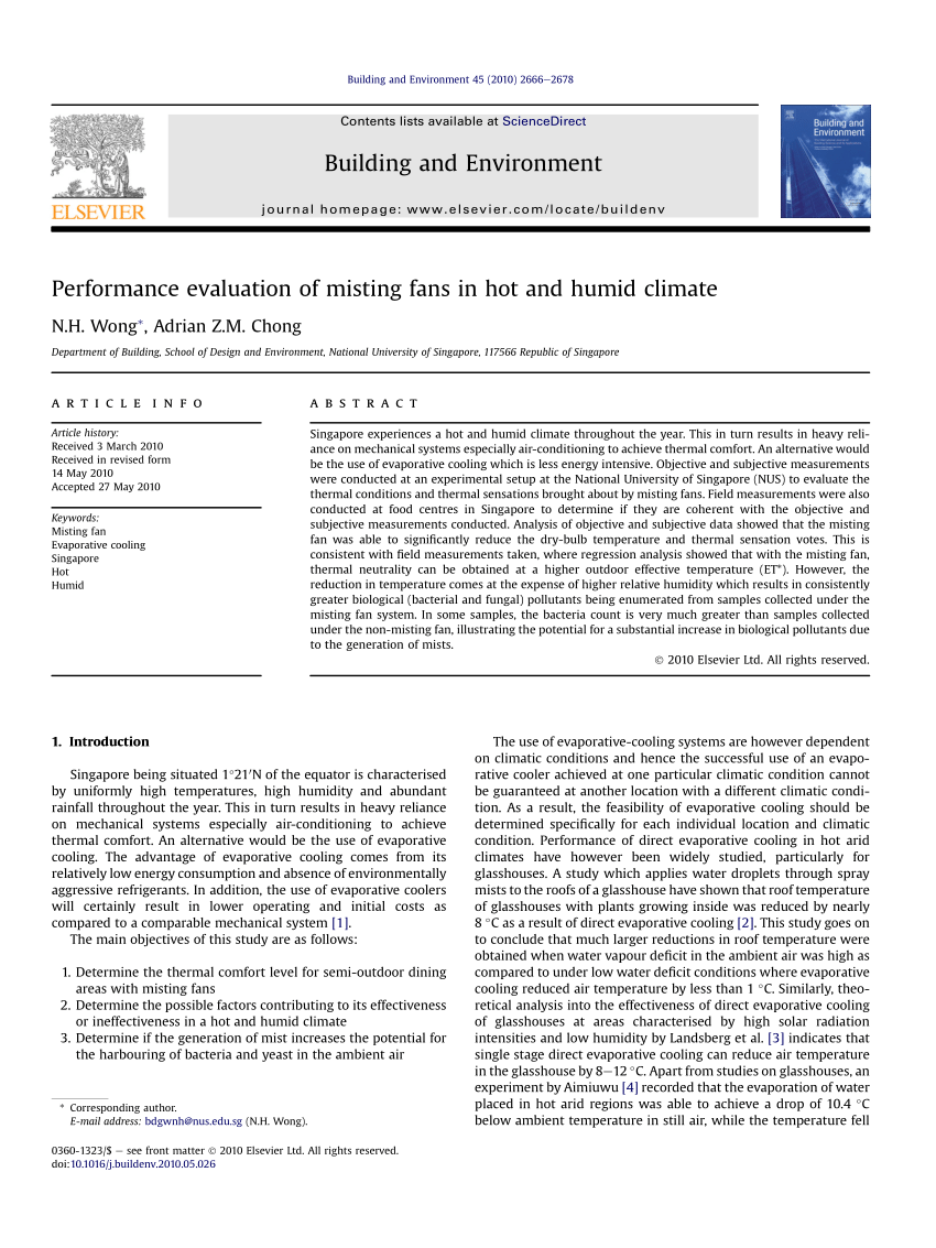 Pdf Performance Evaluation Of Misting Fans In Hot And Humid Climate