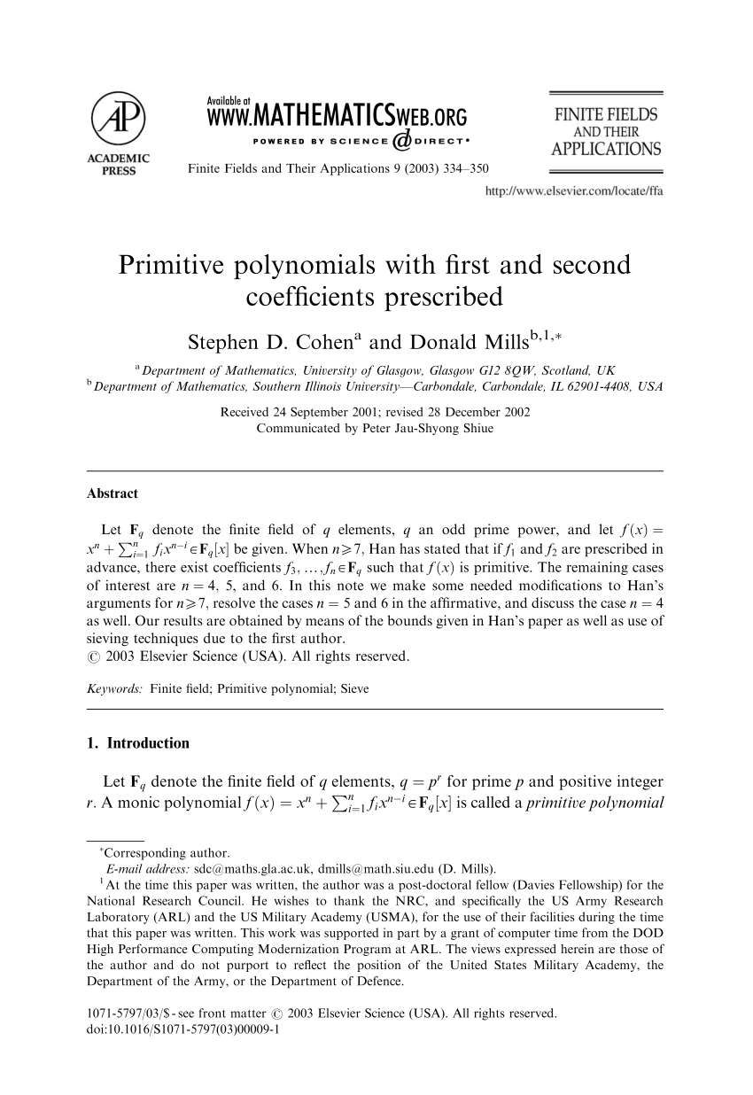 Pdf Primitive Polynomials With First And Second Coefficients Prescribed