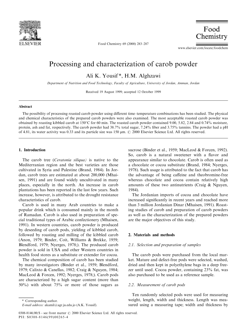 Pdf Processing And Characterization Of Carob Powder