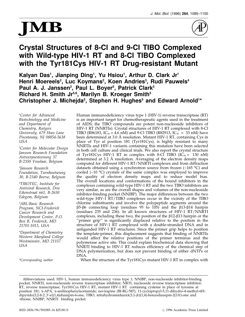 Pdf Crystal Structures Of 8 Cl And 9 Cl Tibo Complexed With Wild Type Hiv 1 Rt And 8 Cl Tibo Complexed With The Tyr181cys Hiv 1 Rt Drug Resistant Mutant