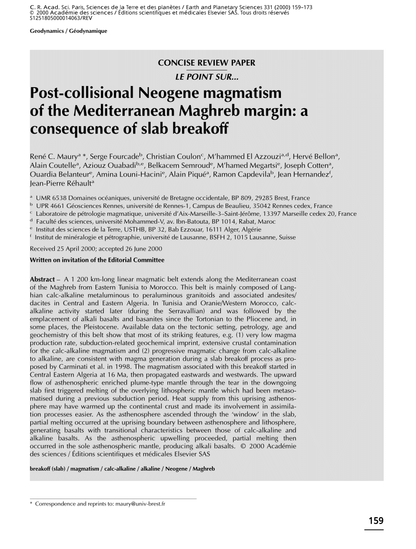 Pdf Post Collisional Neogene Magmatism Of The Mediterranean Maghreb Margin A Consequence Of Slab Breakoff