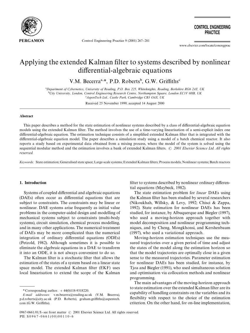 Pdf Applying The Extended Kalman Filter To Systems Described By Nonlinear Differential Algebraic Equations